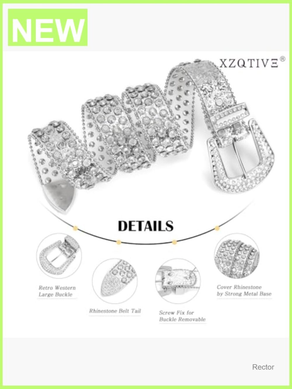 Western Studded Leather Belt with Rhinestone Buckle, Adjustable 33-37 In - Picture 5 of 7